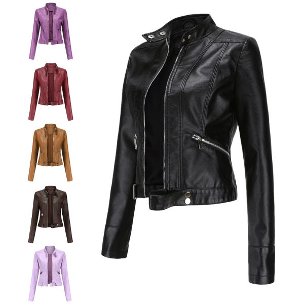 Short Leather Jacket for Women with Stand Collar - Image 5