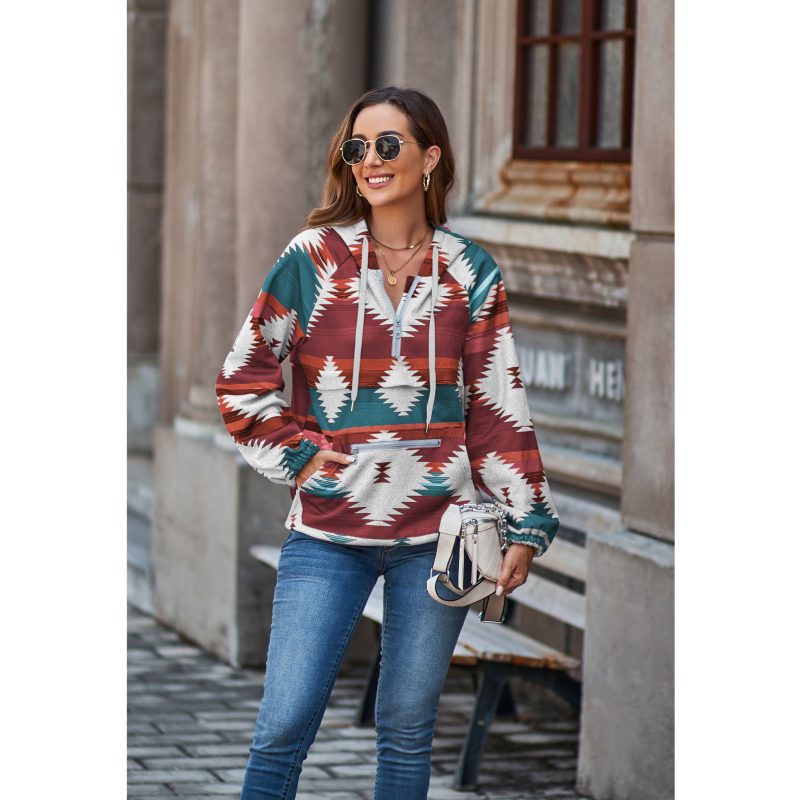 Aztec Half-Zip Casual Long Sleeve Hooded Pullover Sweater for Women - Image 3