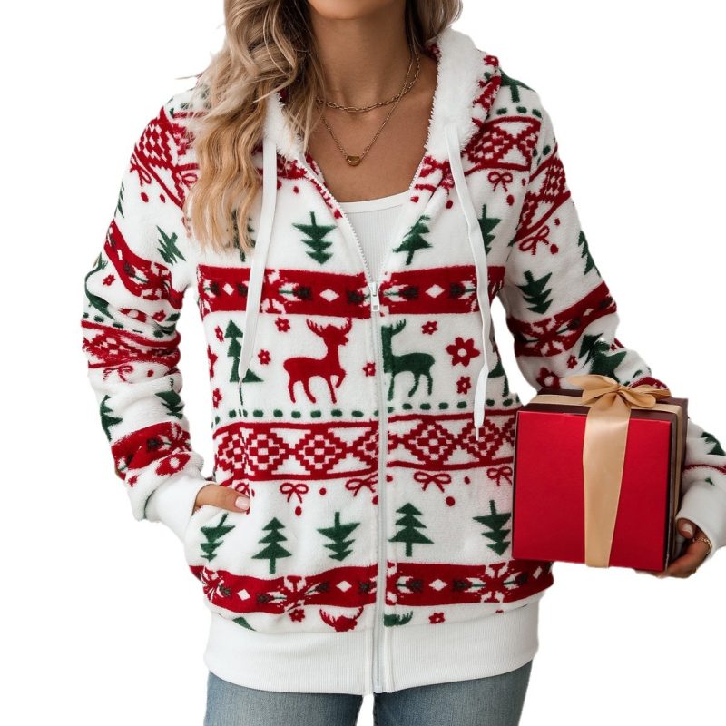 Long-Sleeved Christmas Printed Plush Cardigan for Women in Autumn/Winter - Image 5