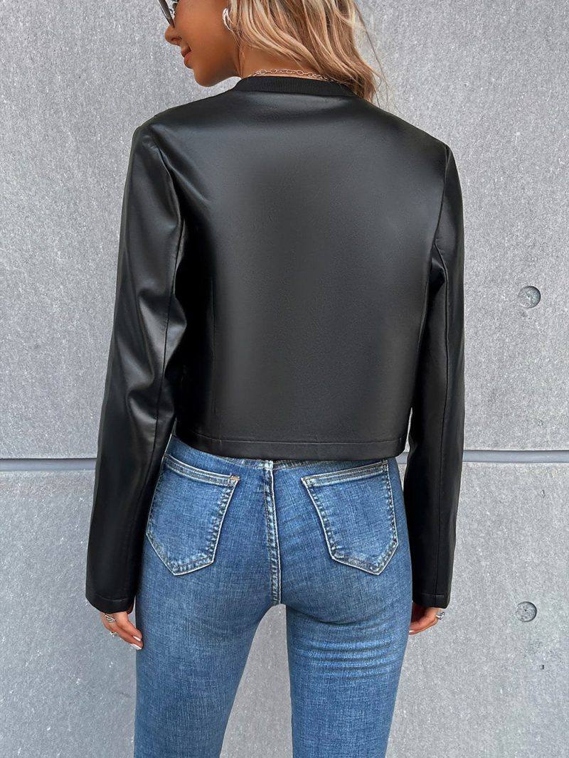 Chic Faux Leather Zip Cardigan for Women - Image 5