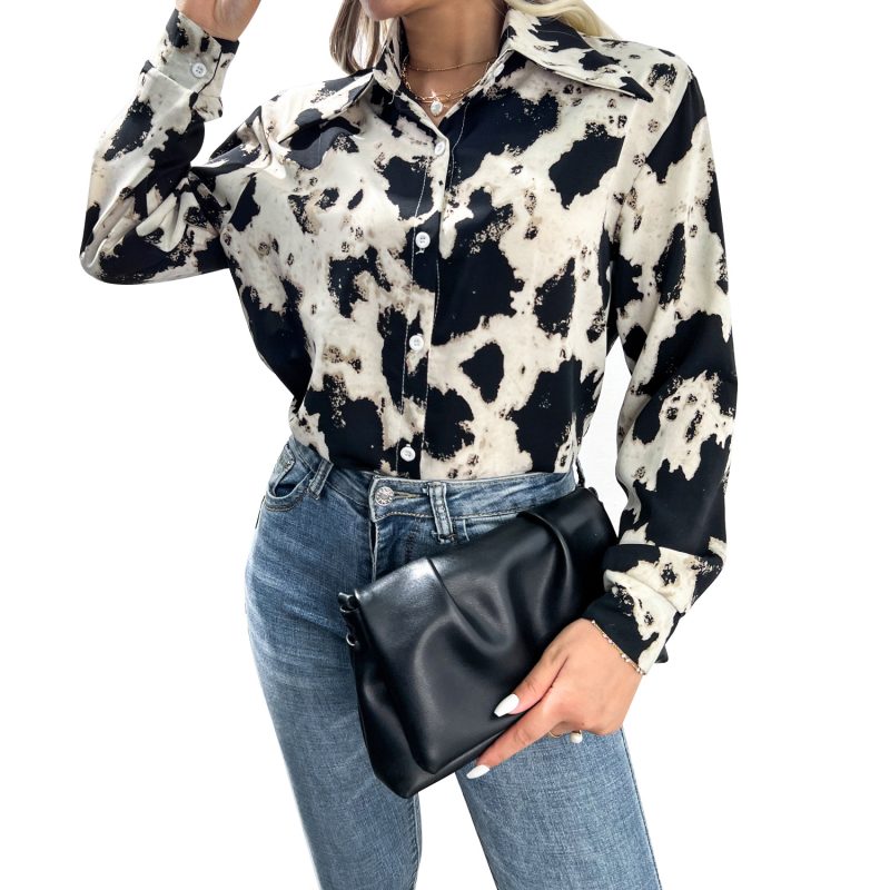 Collared Print Top with Single-Breasted Detail for Autumn/Winte - Image 3