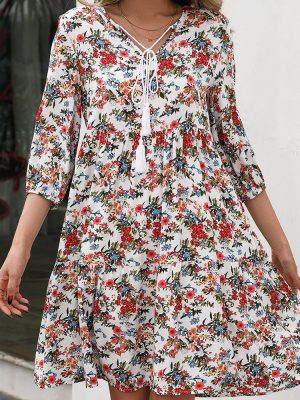 Loose Casual Floral V-Neck Half-Sleeve Dress for Women