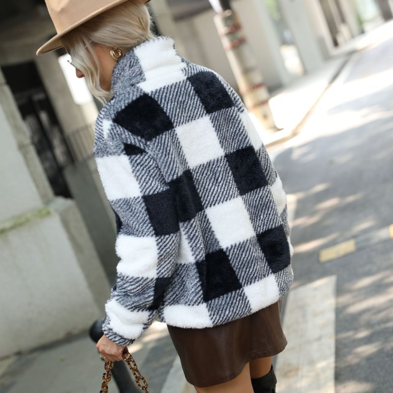 Plaid Printed Round Neck Plush Pullover - Image 4