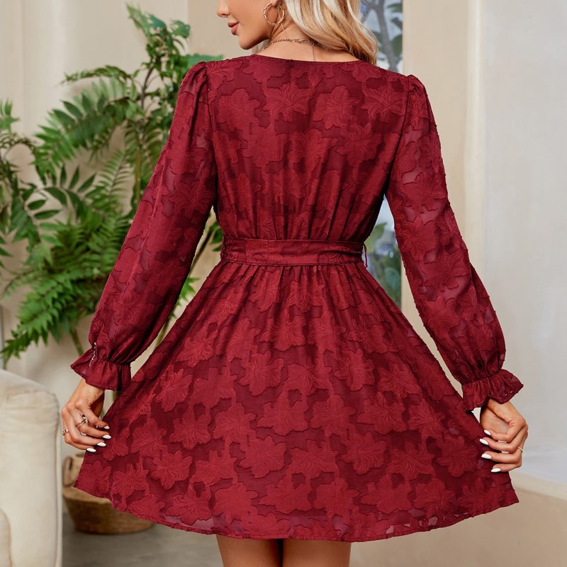 V-Neck Long Sleeve Cocktail Party Dress with Waist Belt - Image 4