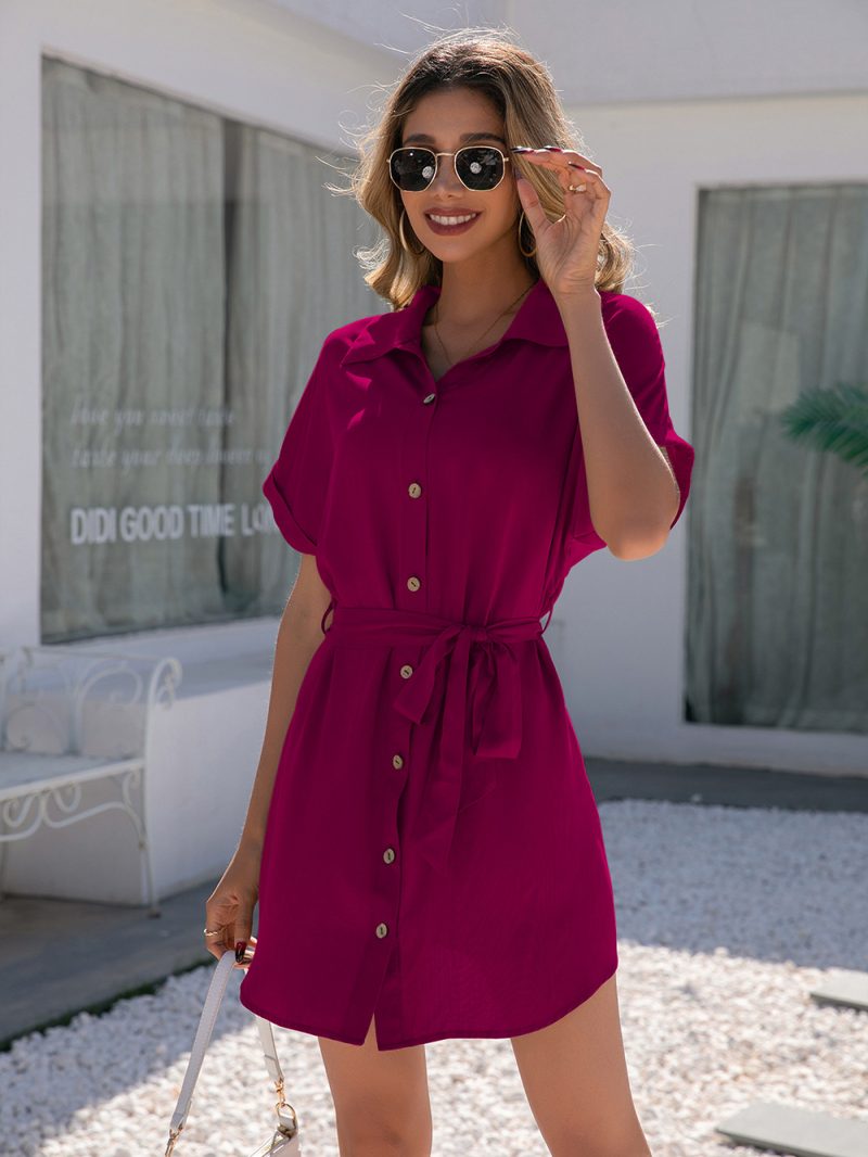 Casual Single-Breasted Belted Short Sleeve Dress - Image 5