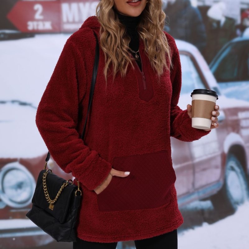 Hooded Zip Stitching Plush Sweatshirt - Image 3