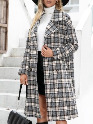 Double-Breasted Houndstooth Woolen Coat