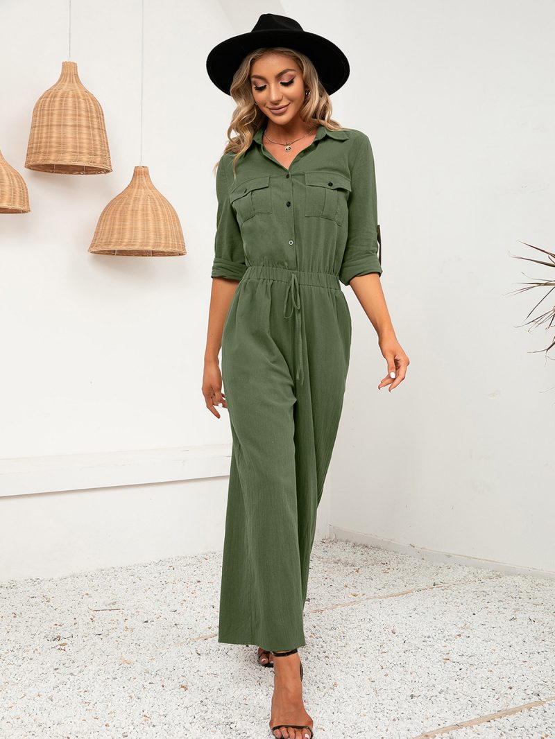 Double Pocket Single-Breasted Long Sleeve Jumpsuit - Image 4