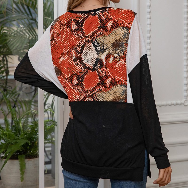 Snakeskin Stitching Casual Loose Sleeve T shirt Top for Women - Image 3