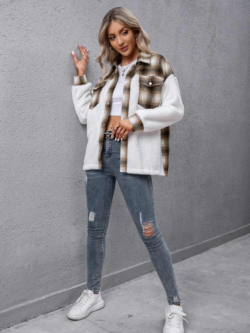 Cashmere Color Block Long Sleeve Plush Plaid Shacket - Image 6