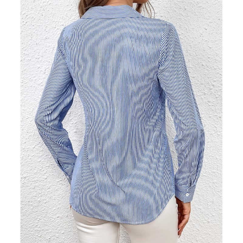 Women's Clothing Vertical Stripes Slimming Bundle Long-Sleeved Shirt - Image 4