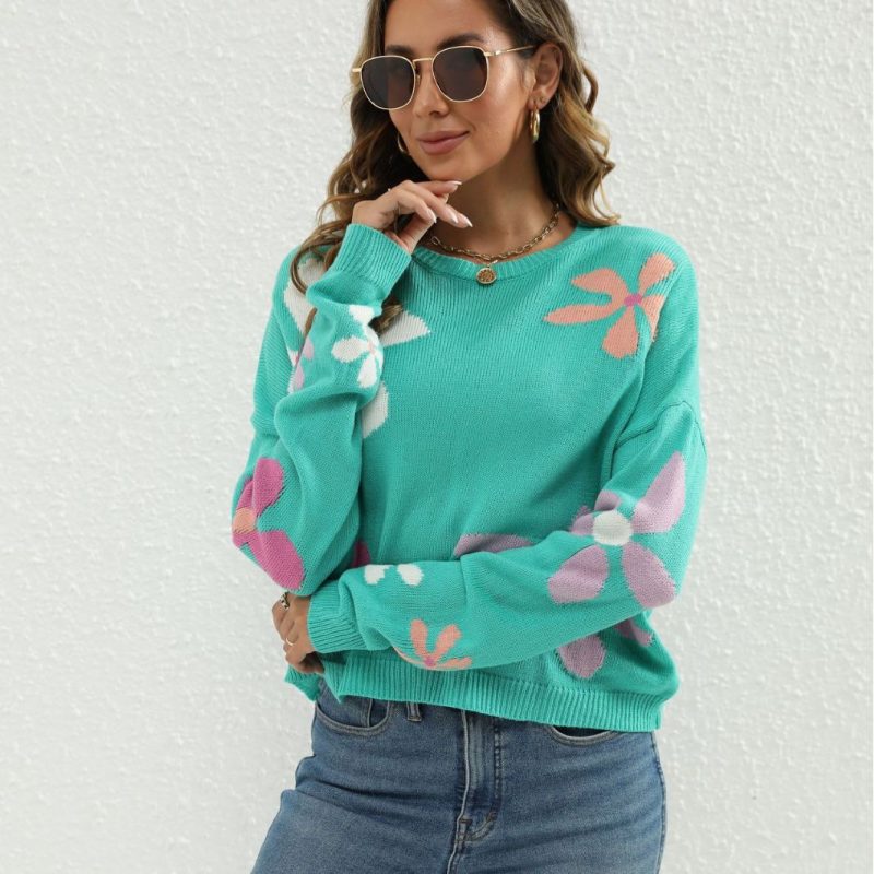 Contrast Floral Jacquard Sweater - Image 2
