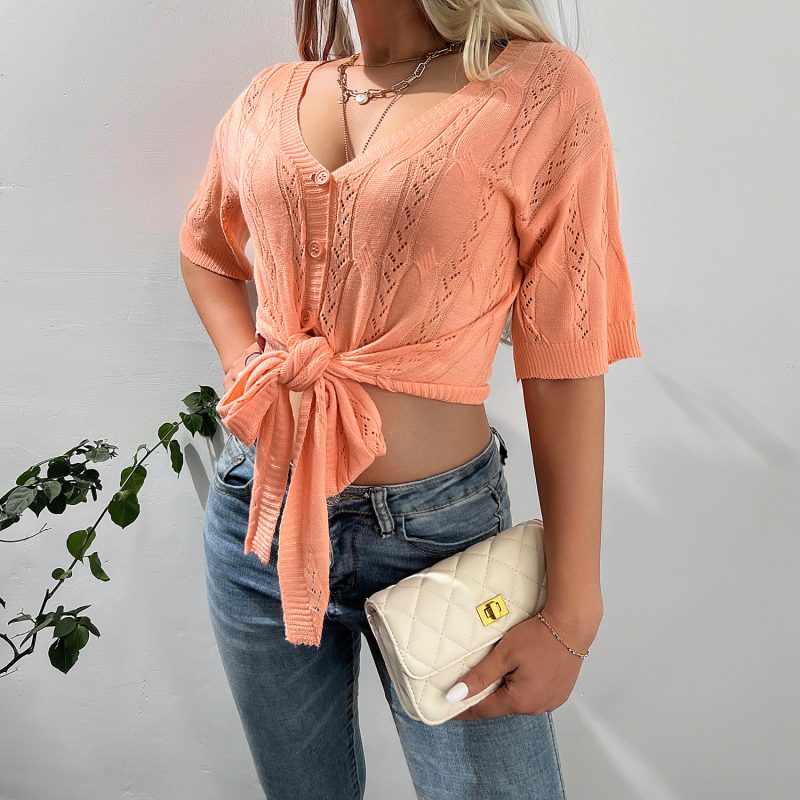Single-Breasted V-Neck Bow Top for Spring/Summer - Image 5