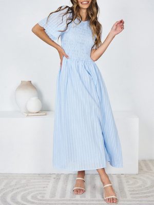 Summer Short Sleeve Pleated Mid-Length Dress for Women