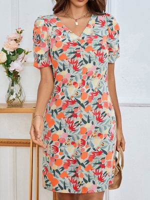 Printed V-Neck Short Sleeve Dress