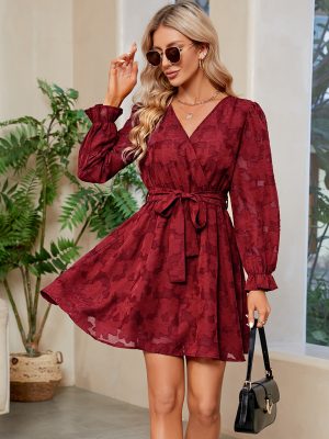 V-Neck Long Sleeve Cocktail Party Dress with Waist Belt