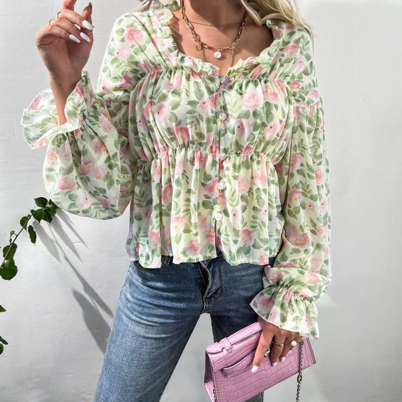 Wooden Ear Charm: Bell Sleeve Floral Chiffon Shirt for Autumn/Winter - Image 6