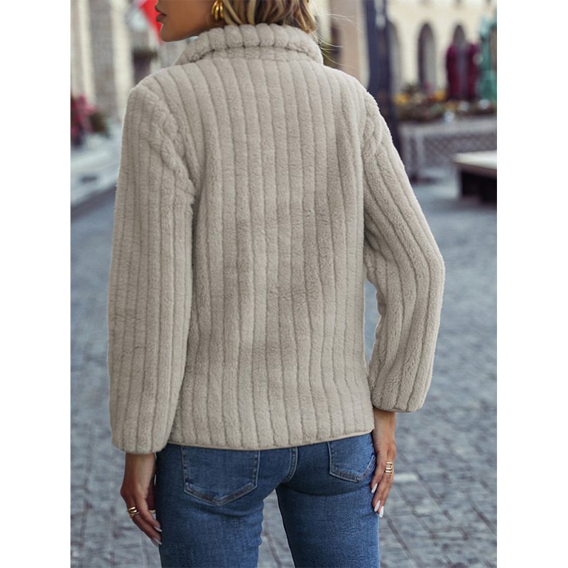 Collared Half Zipper Sunken Stripe Plush Sweatshirt - Image 4
