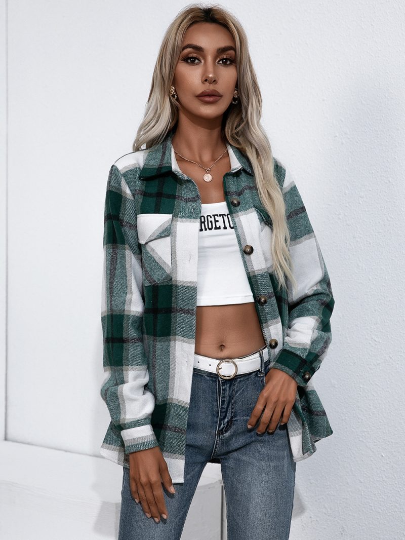 Long Sleeved Plaid Casual Shacket for Women - Image 6