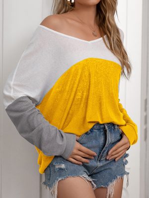 Casual Plus Size Batwing Sleeve Color Contrast T-Shirt