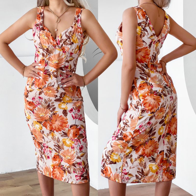 V-Neck Vest Printed Dress for Women" - Image 5