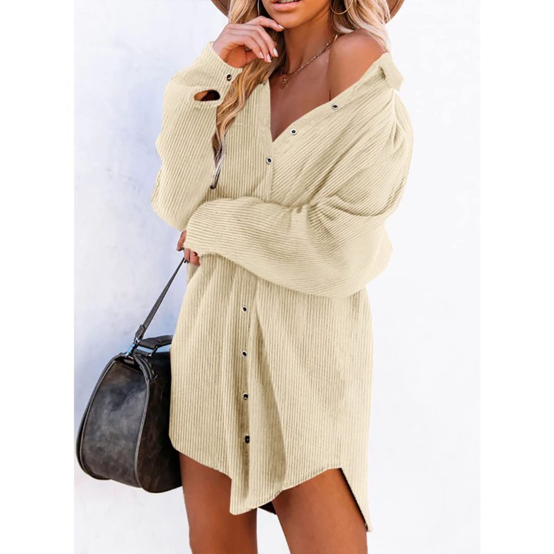 Long-Sleeved Oversized Corduroy Shirt Dress with Button Detail for Women - Image 2