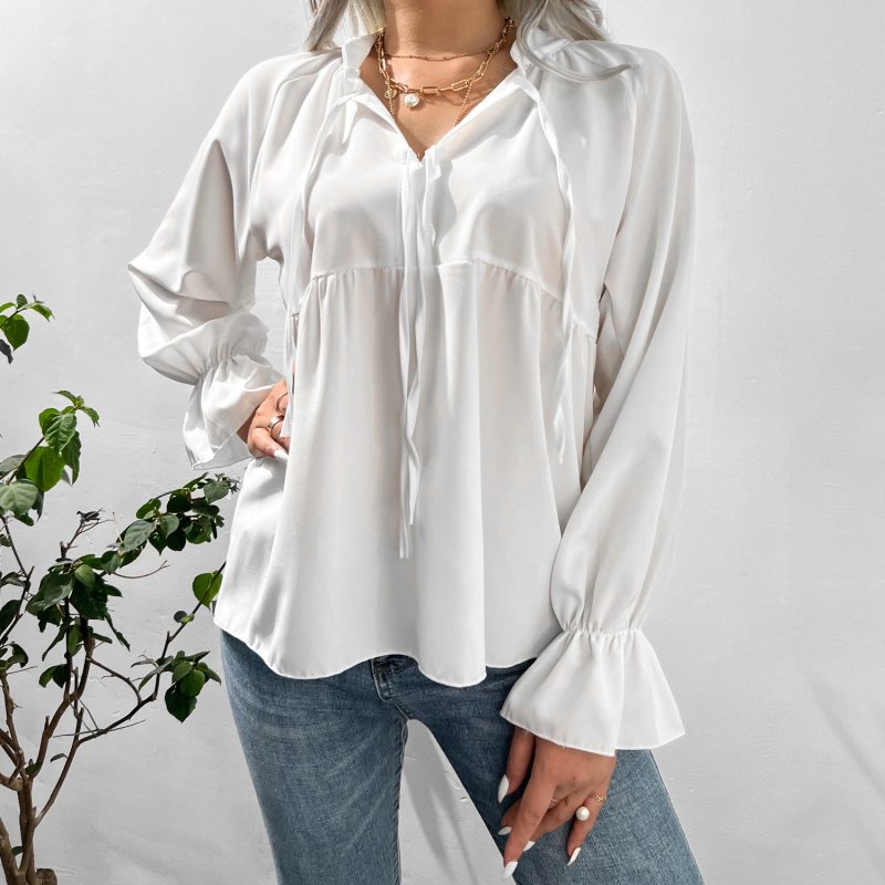 White Bell Sleeve Shirt with Bow for Autumn/Winter - Image 4