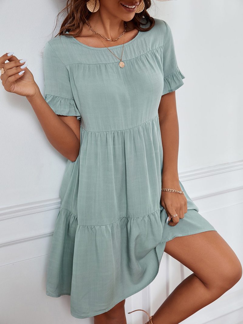 Women's Loose Round Neck Lacework Short Sleeve Dress - Image 2