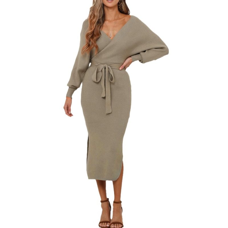 Lace-Up V-Neck Knitted Dress - Image 2