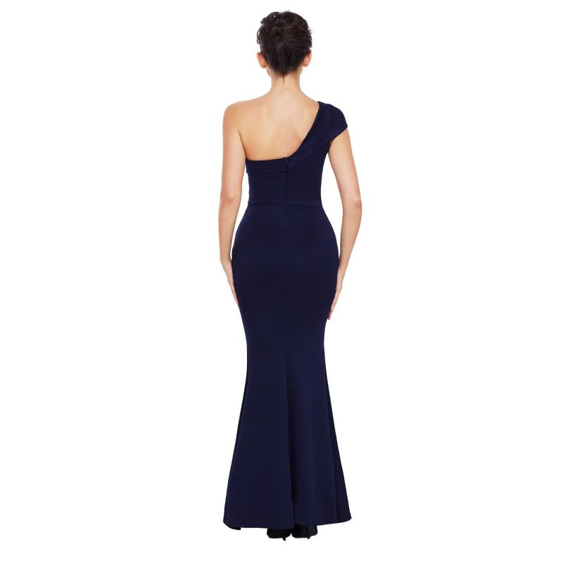 Sloping Shoulder Backless Solid Color Evening Dress for Women - Image 4