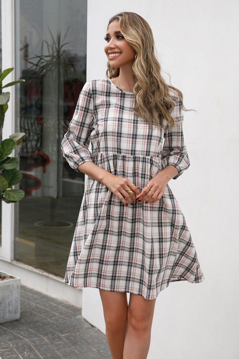 Loose Plaid Round Neck Printed Dress - Image 5