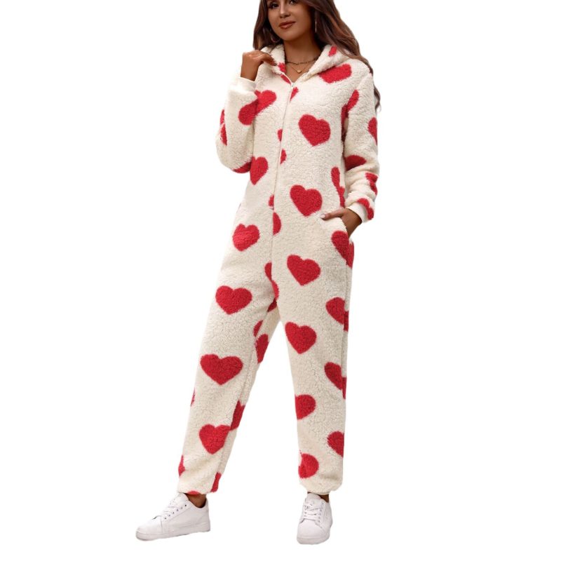 Plush Loving Heart Printed Hooded Jumpsuit for Women in Autumn/Winter - Image 4