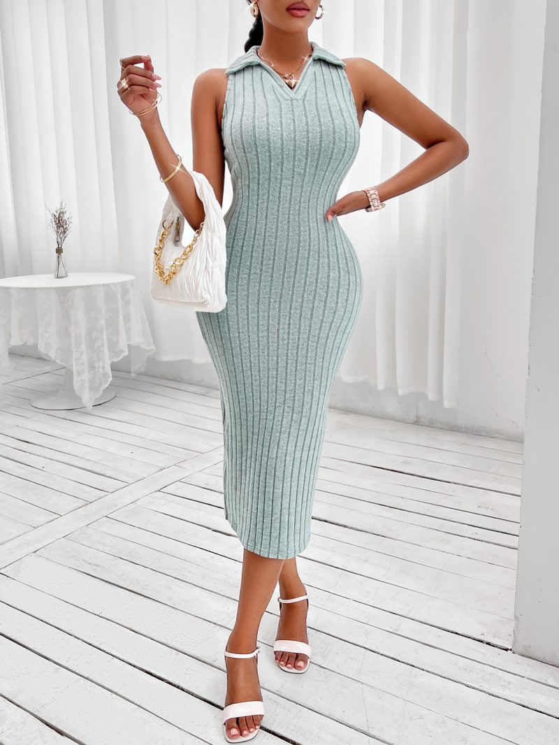Solid Color Collared Sleeveless Dress - Image 3