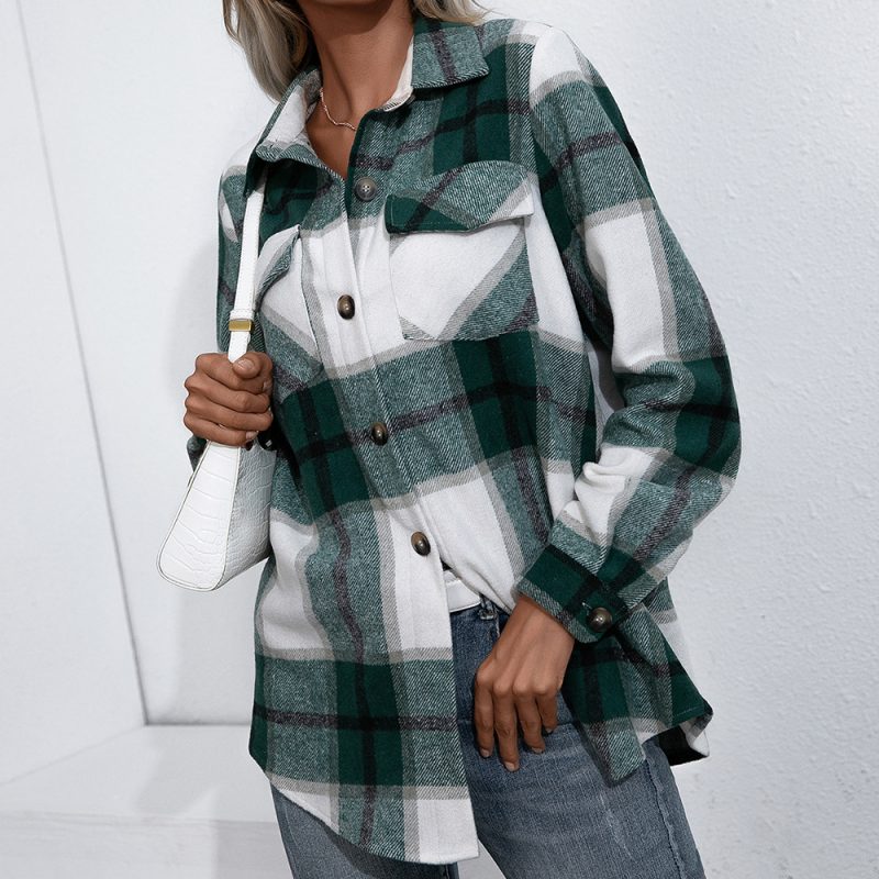 Long Sleeved Plaid Casual Shacket for Women - Image 2