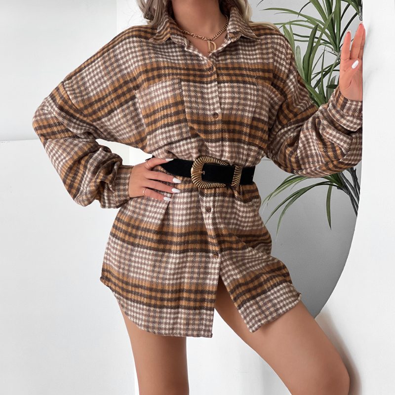 Plaid Collared Bat Sleeve Coat Dress for Women - Image 2