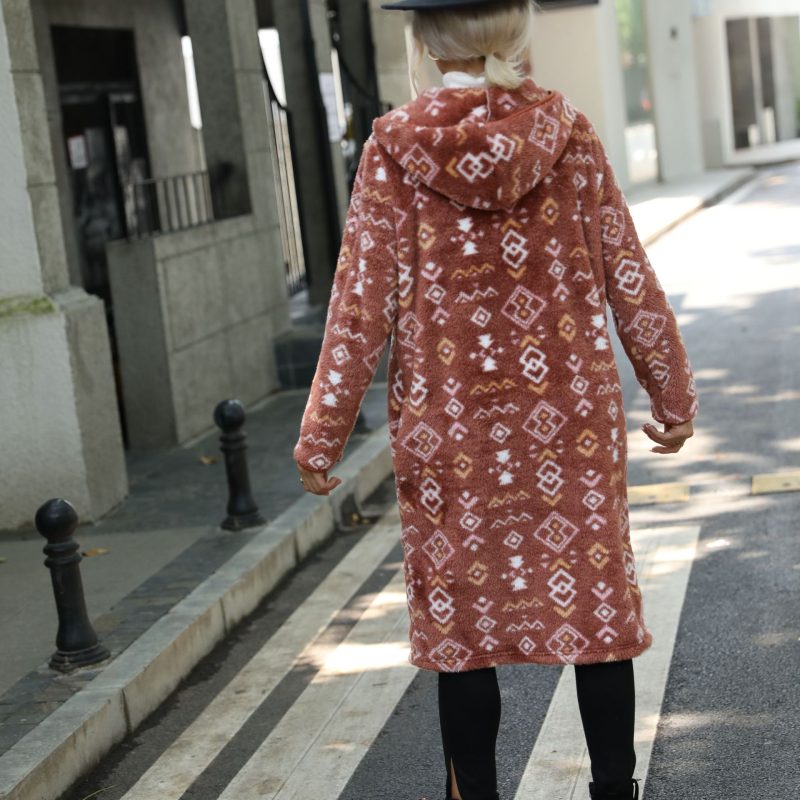 Hooded Geometric Abstract Plush Coat - Image 3