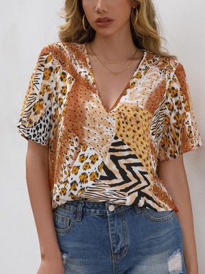 Leopard Print V-neck Short-Sleeved T-shirt