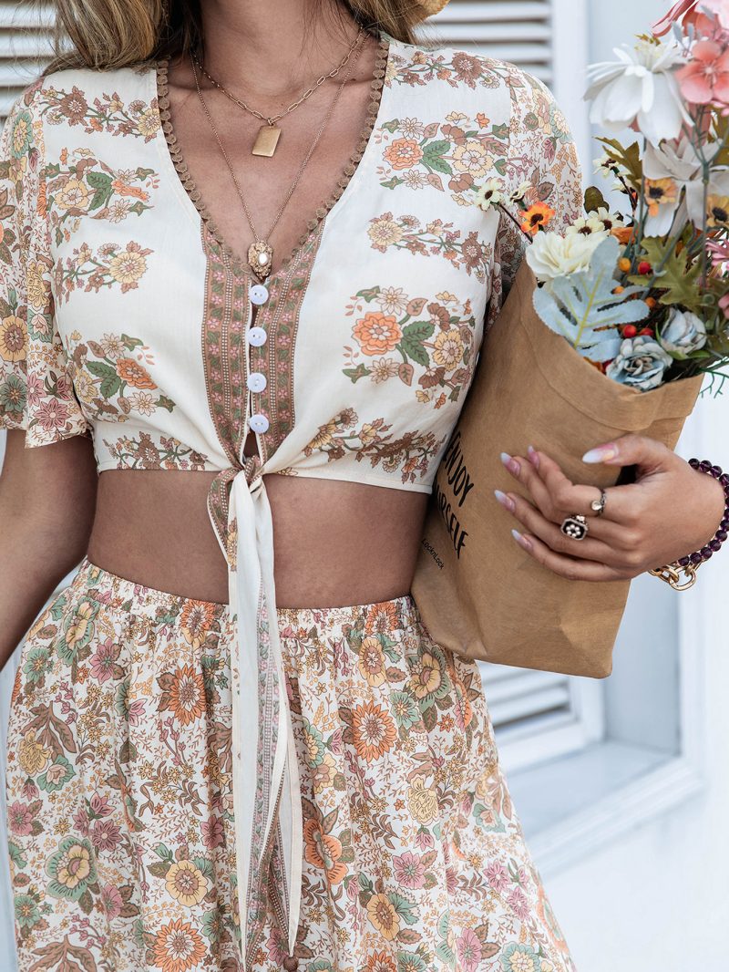 Yellow Cropped Outfit with Printed Lace-Up Mid-Length Skirt Set - Image 4