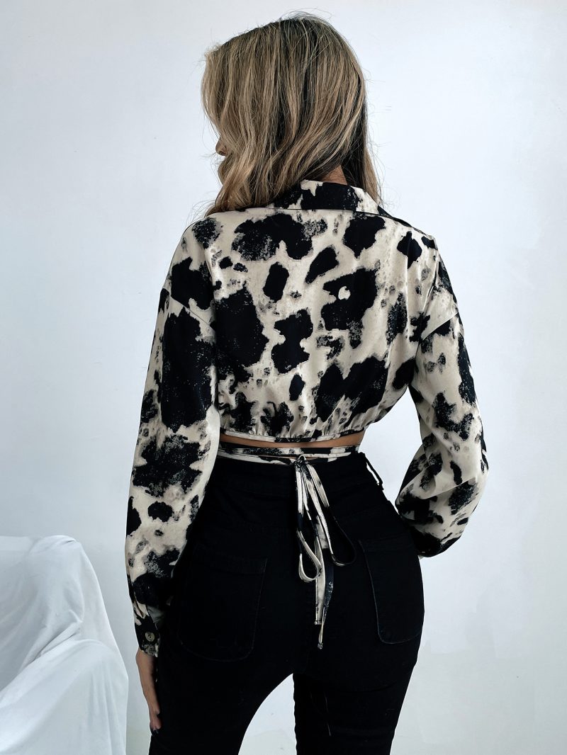 Hong Kong Cows Pattern Short Sexy V Neck Lace Up Shirt - Image 2