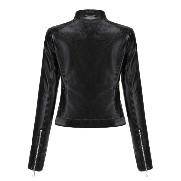 Short Leather Jacket for Women with Stand Collar - Image 3