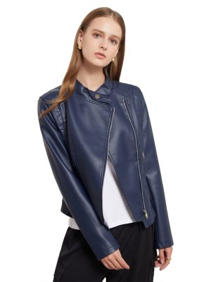 Slim-Fit Faux Leather Collared Coat for Women