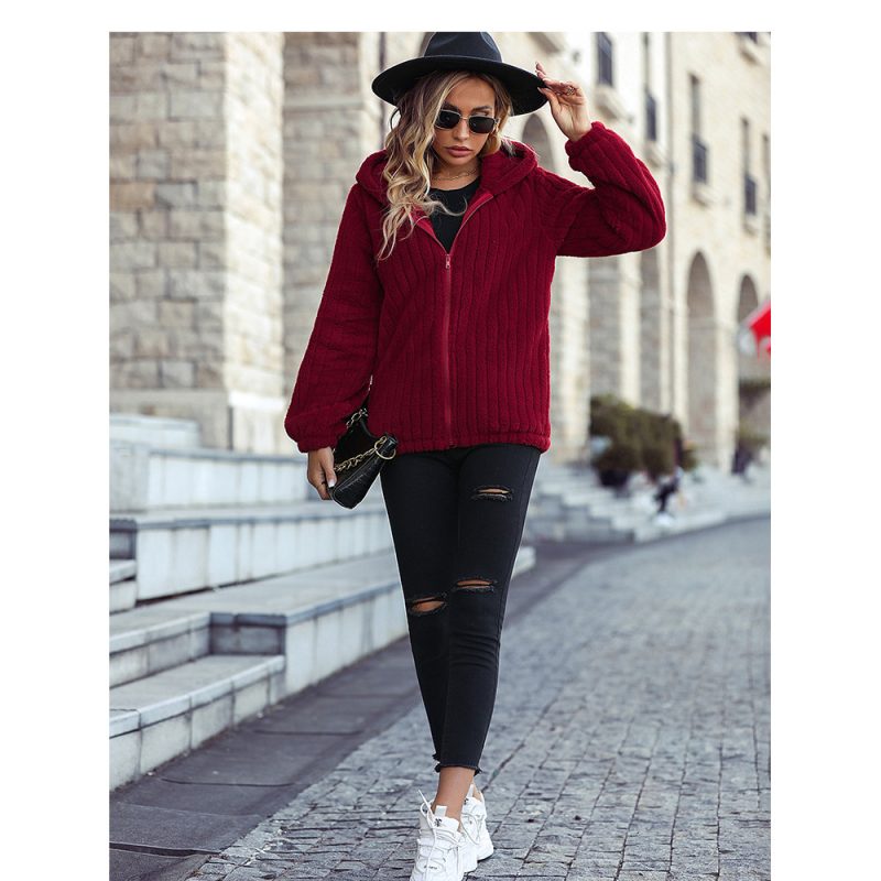 Hooded Sunken Stripe Zipper Plush Jacket - Image 3