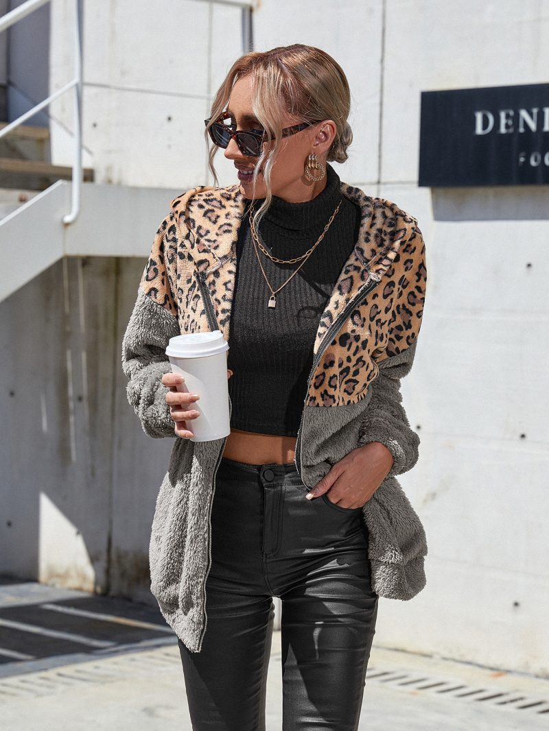 Leopard Splicing Double-Sided Fleece Hooded Cardigan - Image 5