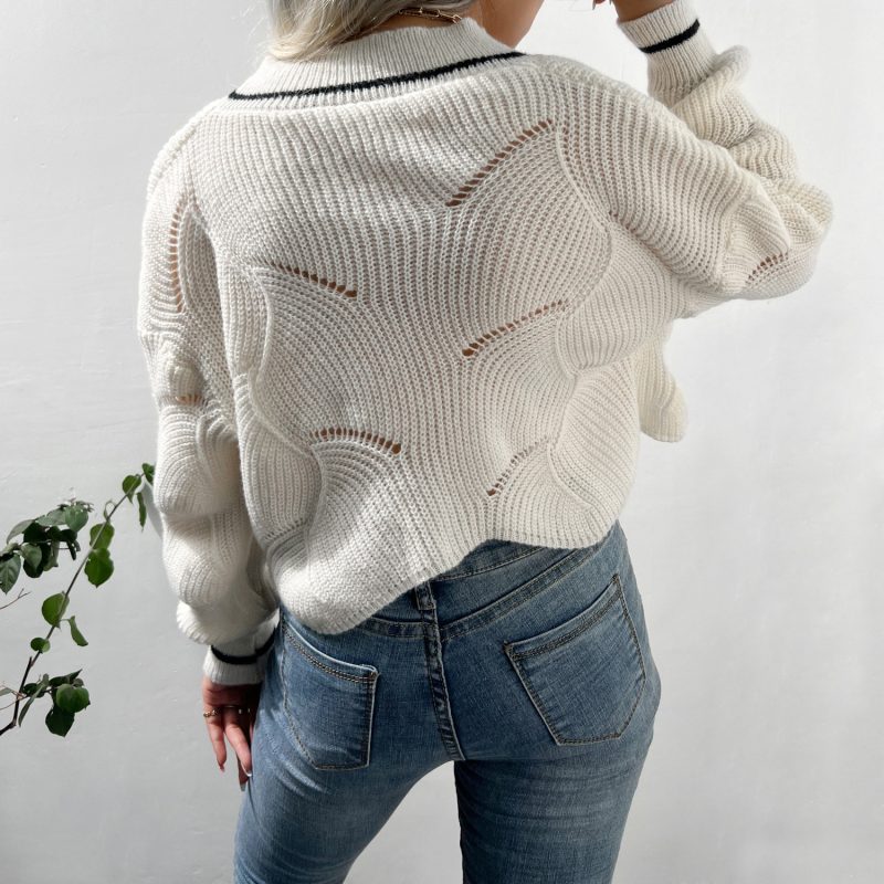 Knitwear V neck Single Breasted Crocheted Sweater - Image 2