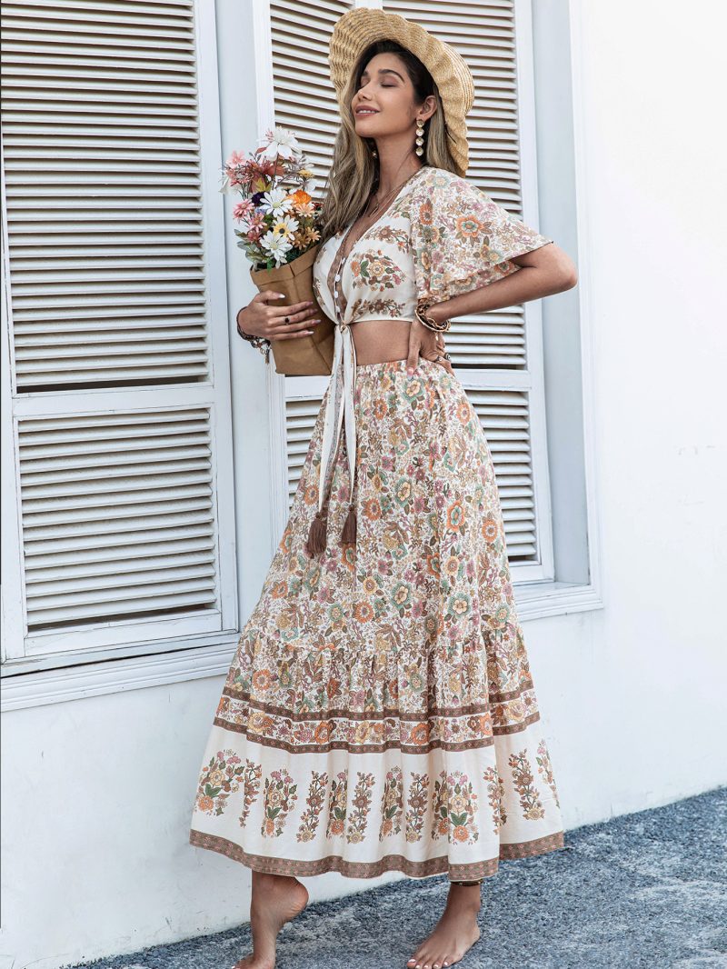 Yellow Cropped Outfit with Printed Lace-Up Mid-Length Skirt Set - Image 2
