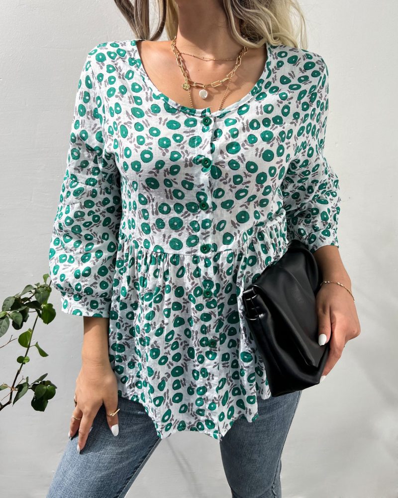Floral Cotton Linen Shirt with Three-Quarter Sleeves - Image 6