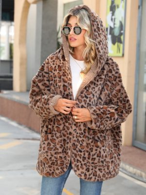 Hooded Leopard Print Bubble Velvet Outerwear for Casual Autumn Day