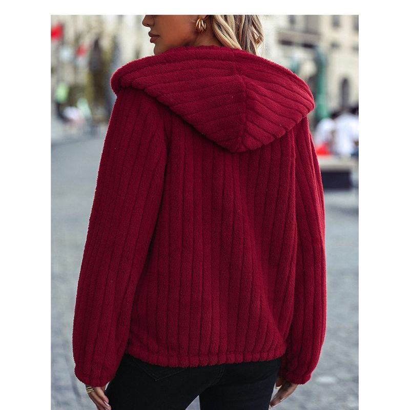 Hooded Sunken Stripe Zipper Plush Jacket - Image 4