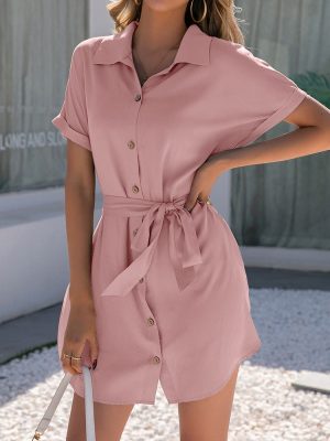 Casual Single-Breasted Belted Short Sleeve Dress