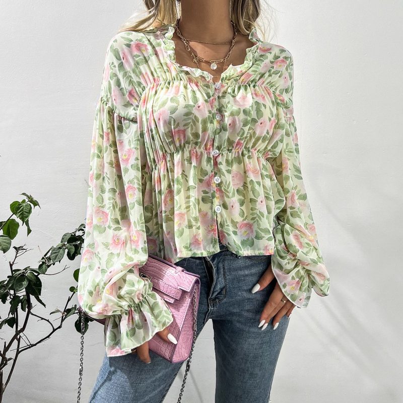 Wooden Ear Charm: Bell Sleeve Floral Chiffon Shirt for Autumn/Winter - Image 7